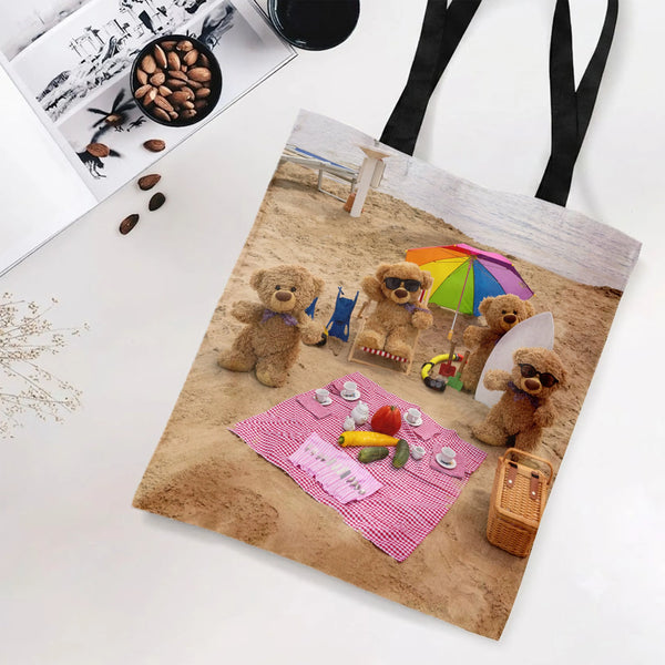 Teddy Bear Beach Picnic Tote Bag | Cute Bears Summer Scene with Rainbow Umbrella | Premium Twill Diamond-Grid Texture | Adora