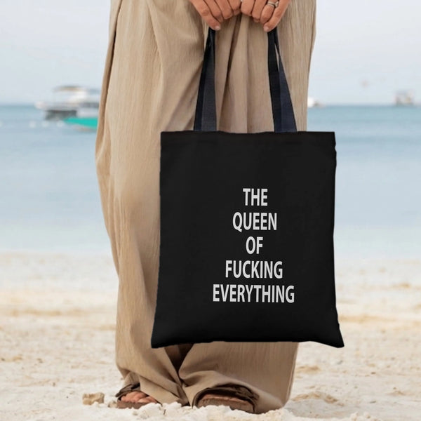 Queen of Everything Funny Quote Tote Bag | Bold White Typography on Black | Premium Twill Diamond-Grid Texture | Sassy Gift f