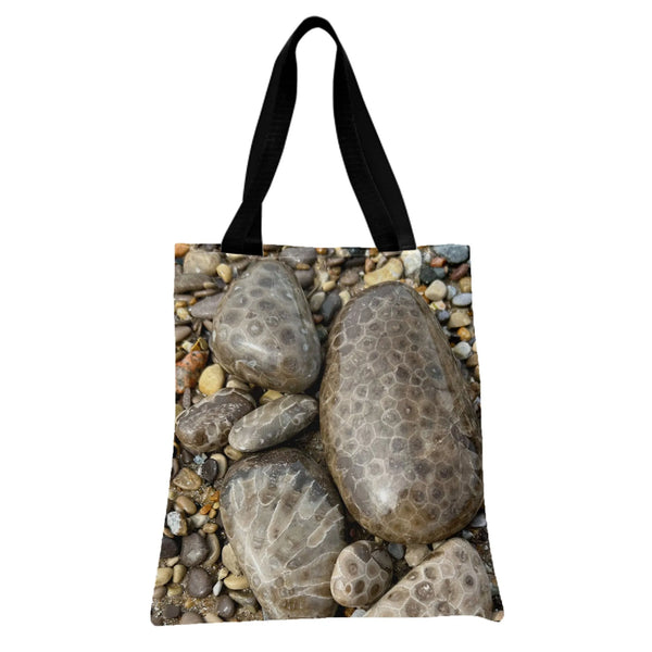 Petoskey Stone Tote Bag | Michigan Fossil Coral Beach Rocks Photography Print | Premium Twill Diamond-Grid Texture | Gift for