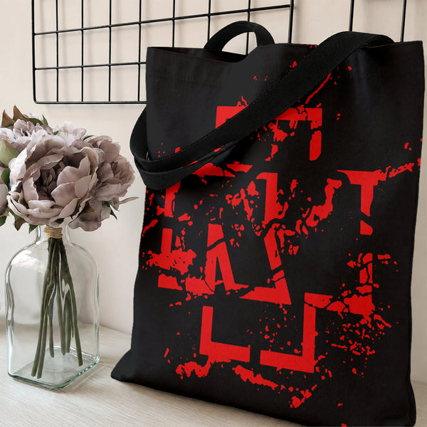 Abstract Red Splatter Tote Bag | Distressed Geometric Grunge Art on Black | Premium Composite Twill Fabric | Edgy Gift for St