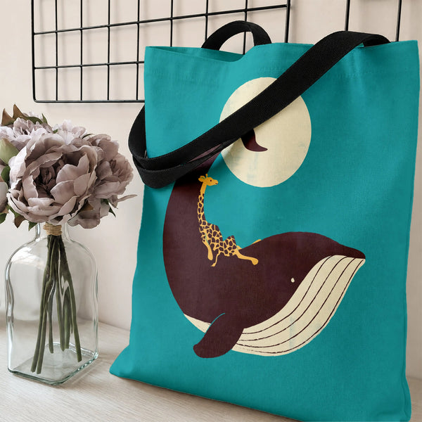 Whale and Giraffe Tote Bag | Whimsical Animal Friends Moonlight Illustration | Premium Twill Diamond-Grid Texture | Cute Gift