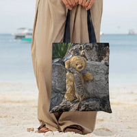 Meerkat Hugging Teddy Bear Tote Bag | Adorable Wildlife Photography Print | Premium Twill Diamond-Grid Texture | Cute Animal Lover Gift
