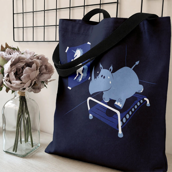 Rhino Unicorn Tote Bag | Funny Rhinoceros on Treadmill Cartoon Art | Premium Twill Diamond-Grid Fabric | Humorous Gift for Gy