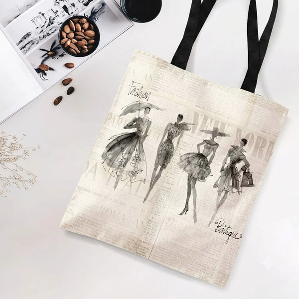 Vintage Fashion Illustration Tote Bag | Retro Newspaper Sketch Art with Couture Silhouettes | Premium Composite Twill Fabric 
