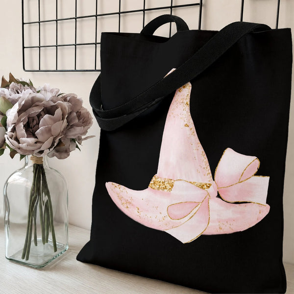 Pink Witch Hat Tote Bag | Sparkly Gold Glitter Bow Watercolor Art | Premium Twill Diamond-Grid Fabric | Cute Halloween Gift f