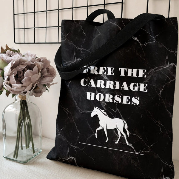 Free the Carriage Horses Tote Bag | Animal Rights Horse Silhouette on Black Marble | Premium Composite Twill Fabric | Gift fo