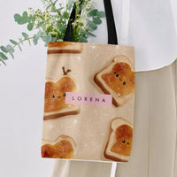 Kawaii Toast Tote Bag | Cute Bread Toast Smiley Face Pattern | Premium Twill Fabric | Aesthetic Gift for Her
