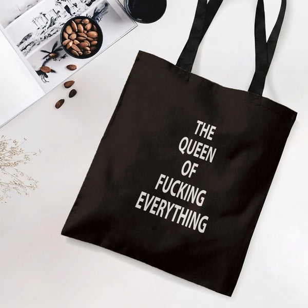 Queen of Everything Funny Quote Tote Bag | Bold White Typography on Black | Premium Twill Diamond-Grid Texture | Sassy Gift f