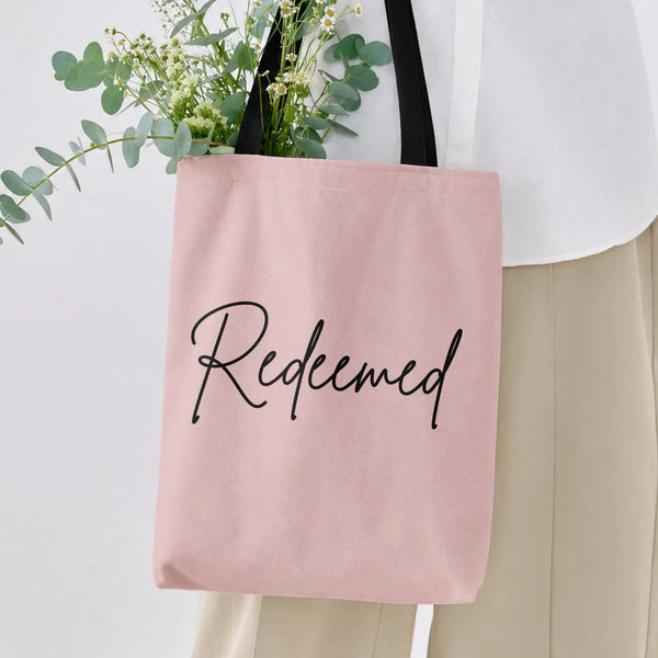 Redeemed Tote Bag | Elegant Hand-Lettered Faith Script | Premium Twill Fabric Shopping Bag | Gift for Christian Women