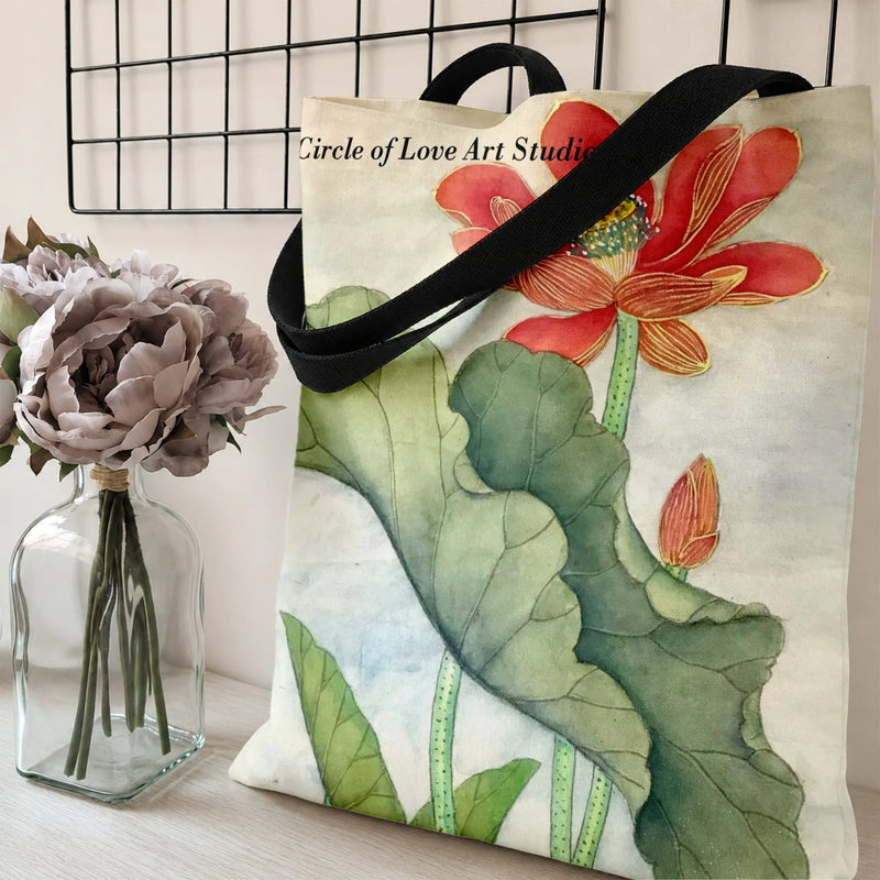 Lotus Flower Tote Bag | Chinese Watercolor Red Lotus Botanical Art | Premium Twill Diamond-Grid Texture | Aesthetic Gift for Art Lovers