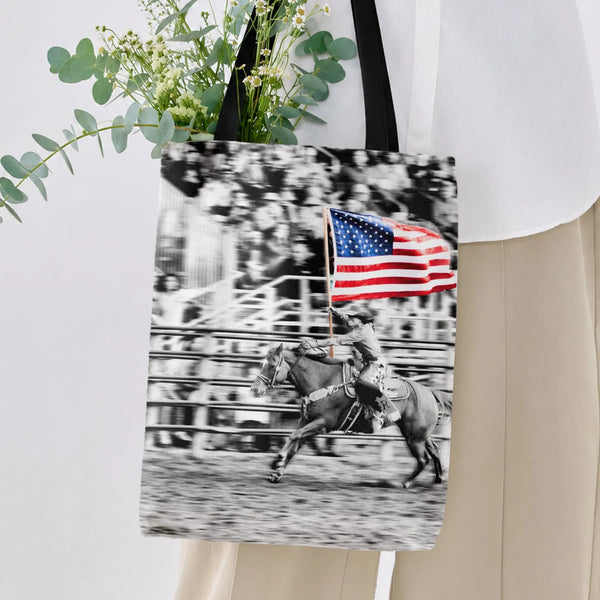 Rodeo Cowboy American Flag Tote Bag | Black and White Western Horse Rider with Color Pop Flag | Premium Twill Diamond-Grid Te