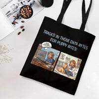 Data Bytes to Puppy Bites Funny Tote Bag | Career Change Cartoon Comic Art | Premium Twill Diamond-Grid Texture | Gift for Veterinarian & Dog Lover