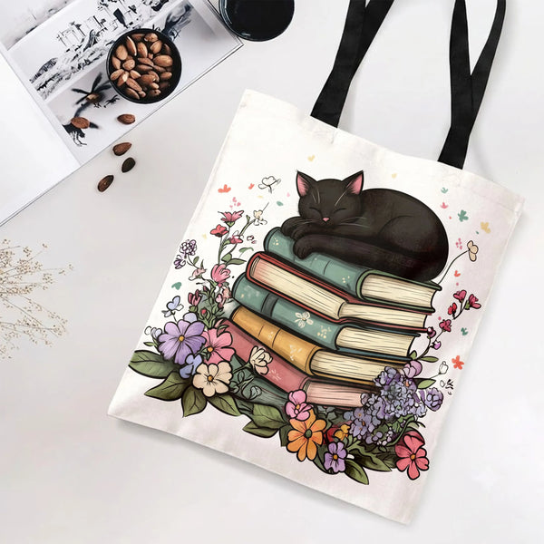 Black Cat on Books Tote Bag | Sleeping Cat with Floral Book Stack Illustration | Premium Twill Diamond-Grid Texture | Gift fo