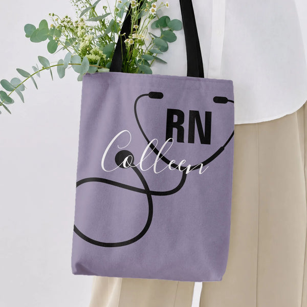 Registered Nurse Personalized Tote Bag | RN Stethoscope Custom Name Script Design | Premium Twill Diamond-Grid Texture | Uniq