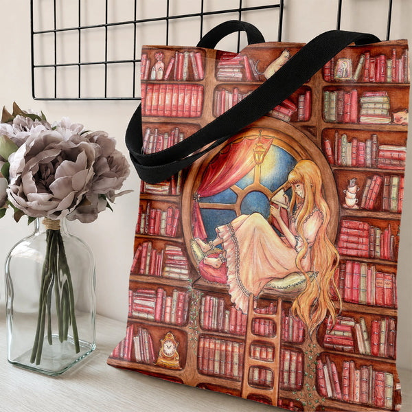 Book Lover Tote Bag | Whimsical Girl Reading in Library Watercolor Art | Premium Twill Diamond-Grid Texture | Gift for Reader