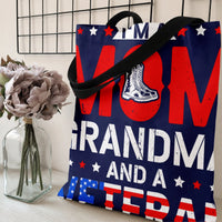 Military Mom Grandma Veteran Tote Bag | Patriotic Combat Boots American Flag Art | Premium Twill Diamond-Grid Texture | Gift for Veteran Grandma