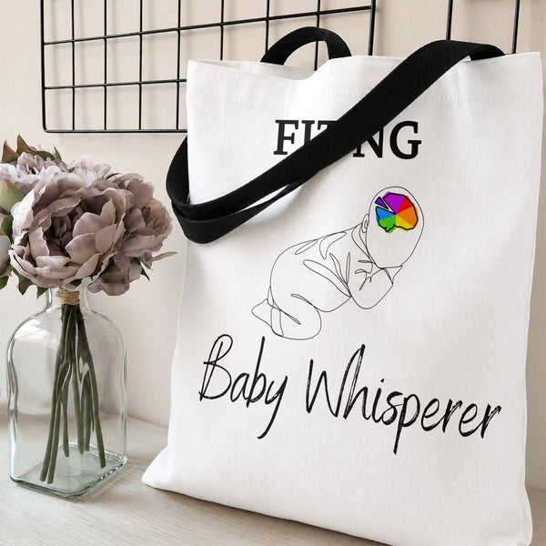 Baby Whisperer Tote Bag | FIT'NG Newborn Line Art with Rainbow Beanie Design | Premium Twill Diamond-Grid Texture | Gift for 