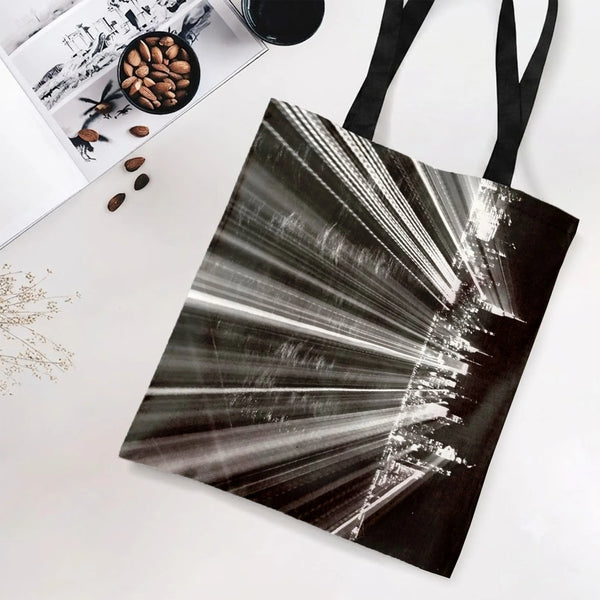 City Skyline Tote Bag | Black and White Motion Blur Urban Night Photography Art | Premium Composite Twill Fabric | Aesthetic 