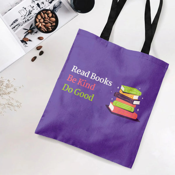 Read Books Be Kind Tote Bag | Colorful Book Stack Inspirational Quote Art | Premium Twill Diamond-Grid Texture | Gift for Boo