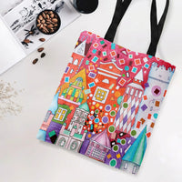Colorful Cityscape Tote Bag | Whimsical European Village Crayon Art Illustration | Premium Twill Diamond-Grid Fabric | Unique Gift for Art Lovers