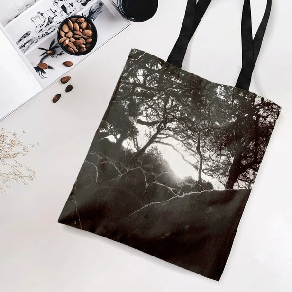 Ancient Oak Tree Tote Bag | Dramatic Backlit Forest Silhouette Nature Photography Art | Premium Twill Fabric With Diamond Tex