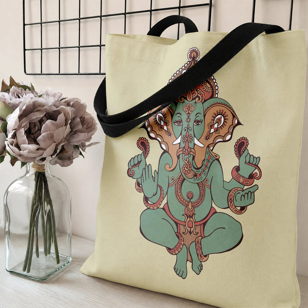 Ganesha Tote Bag | Traditional Indian Elephant God Henna Art Illustration | Premium Composite Twill Fabric | Spiritual Gift f