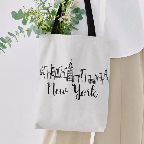 New York Skyline Tote Bag | Hand-Drawn City Illustration with Script Lettering | Premium Twill with Diamond-Grid Texture | Gi