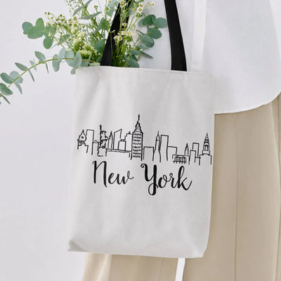 New York Skyline Tote Bag | Hand-Drawn City Illustration with Script Lettering | Premium Twill with Diamond-Grid Texture | Gift for NYC Lovers