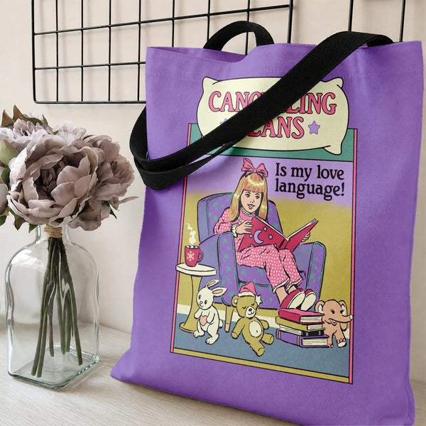 Cancelling Plans Is My Love Language Tote Bag | Retro Introvert Girl Reading Illustration | Premium Twill Diamond-Grid Textur