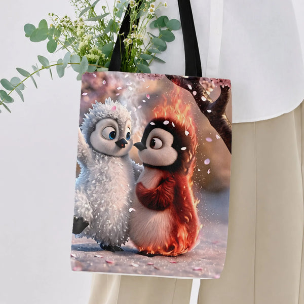Fire and Ice Penguin Tote Bag | Cute Cartoon Penguin Couple with Cherry Blossom Art | Premium Composite Twill Fabric | Cute G