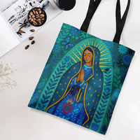 Virgin of Guadalupe Tote Bag | Mexican Folk Art Sacred Heart Floral Illustration | Premium Twill Fabric | Gift for Catholic Faith Lover