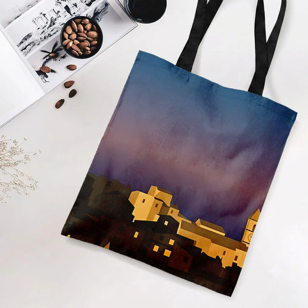 Mediterranean Village Sunset Tote Bag | Twilight Cityscape Watercolor Art | Premium Composite Twill Fabric | Aesthetic Gift f