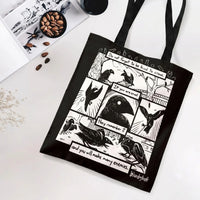 Crow Comic Tote Bag | Be Kind to Crows Black and White Ink Art | Premium Composite Twill Fabric | Gift for Crow Lover and Bird Enthusiast