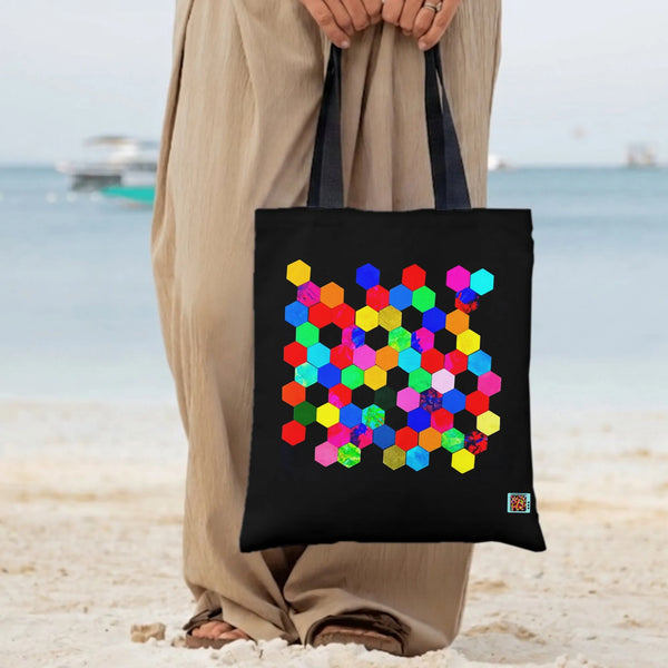 Colorful Hexagon Tote Bag | Vibrant Geometric Honeycomb Mosaic Art | Premium Twill Fabric with Diamond-Grid Texture | Trendy 
