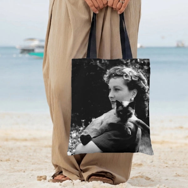 Vintage Woman with Siamese Cat Tote Bag | Black and White Retro Photography Art | Premium Twill Diamond-Grid Texture | Aesthe