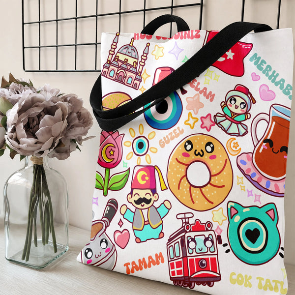 Turkish Culture Kawaii Tote Bag | Cute Istanbul Simit Evil Eye Doodle Art | Premium Twill Diamond-Grid Fabric | Gift for Turk