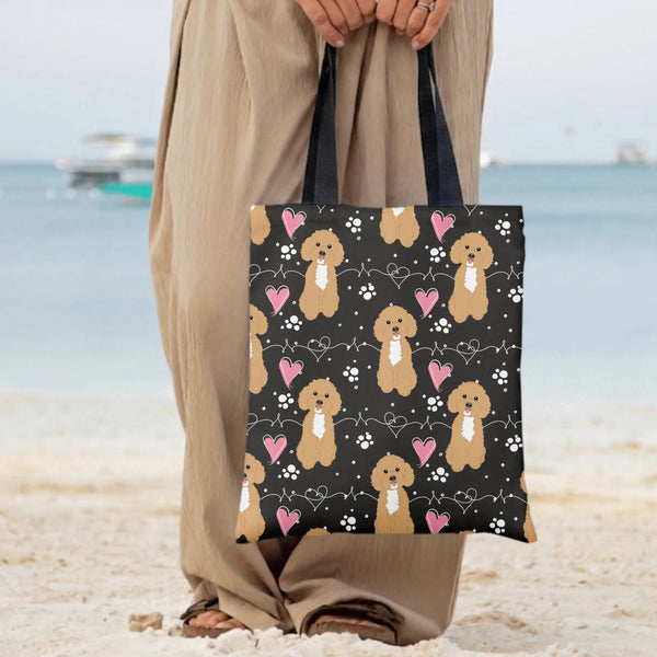 Goldendoodle Tote Bag | Cute Poodle Hearts and Paw Prints Pattern | Premium Twill Diamond-Grid Fabric | Gift for Doodle Dog M