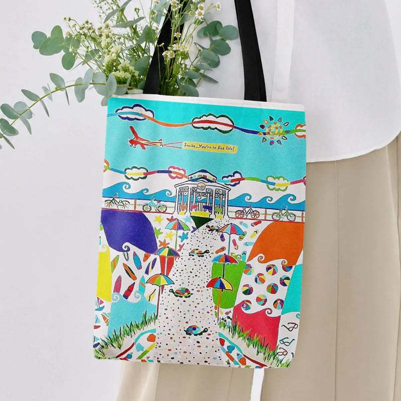 Sea Isle Beach Tote Bag | Colorful Boardwalk Umbrella Whimsical Art | Premium Twill Diamond-Grid Fabric | Gift for Beach Lovers & Jersey Shore Fans