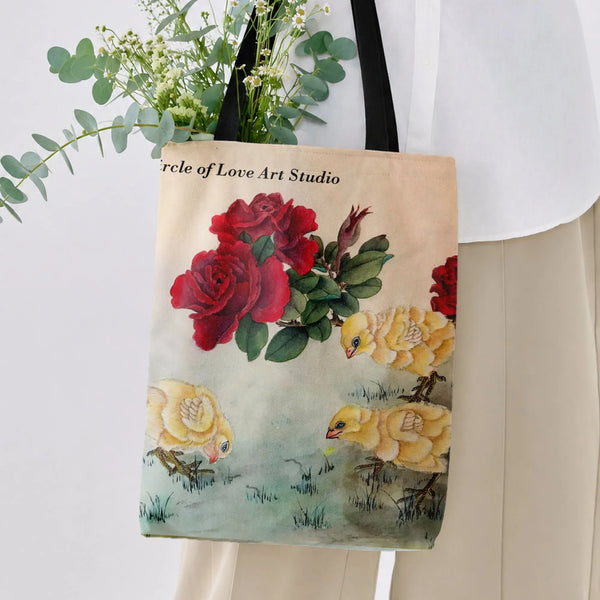 Baby Chick and Rose Tote Bag | Vintage Botanical Illustration with Red Roses and Yellow Chicks | Premium Twill Tote | Cute Fa