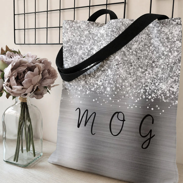 Mother of the Groom Tote Bag | Silver Glitter Sparkle Brushed Metal Design | Premium Twill Diamond-Grid Texture | Wedding Gif