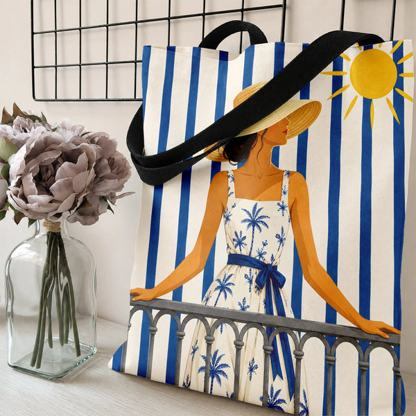 Mediterranean Woman Tote Bag | Chic Riviera Balcony Sun Hat Palm Tree Illustration | Premium Twill Fabric | Aesthetic Summer 
