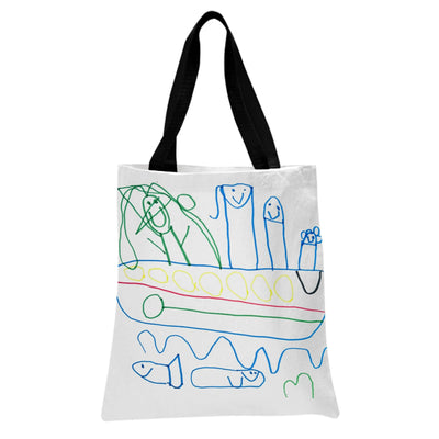 Kids Drawing Tote Bag | Childlike Boat and Fish Crayon Art | Premium Composite Twill Fabric | Sentimental Gift for Mom