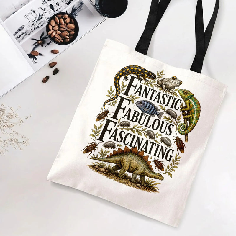 Fantastic Fabulous Fascinating Tote Bag | Vintage Reptile Dinosaur & Bug Natural History Illustration | Premium Twill Fabric | Gift for Nature Lovers