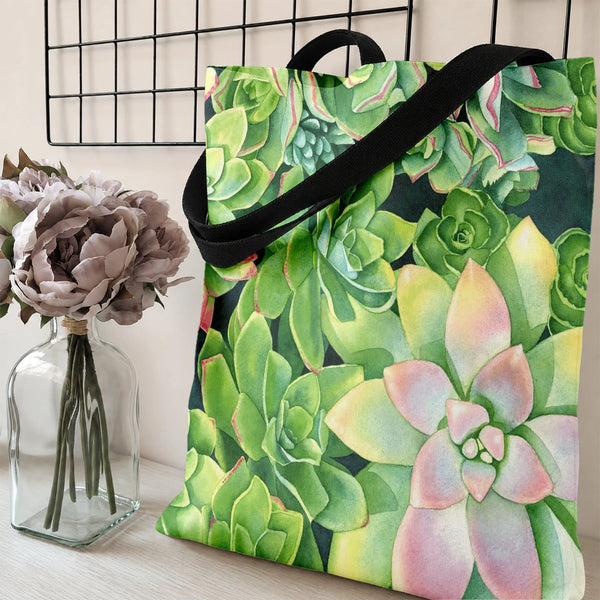 Succulent Tote Bag | Watercolor Botanical Garden Art Print | Premium Twill Diamond-Grid Texture | Aesthetic Gift for Plant Lo