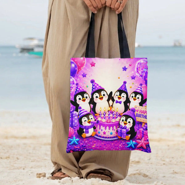Penguin Birthday Party Tote Bag | Cute Cartoon Penguins with Cake and Balloons Art | Premium Twill Diamond-Grid Texture | Bir