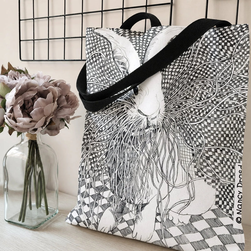 Rabbit Tote Bag | Intricate Pen and Ink Bunny Zentangle Art | Premium Composite Twill Fabric | Unique Gift for Rabbit Lover