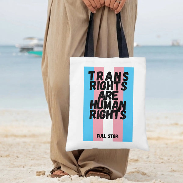 Trans Rights Are Human Rights Tote Bag | Trans Pride Flag Bold Typography Art | Premium Twill Diamond-Grid Texture | LGBTQ Al