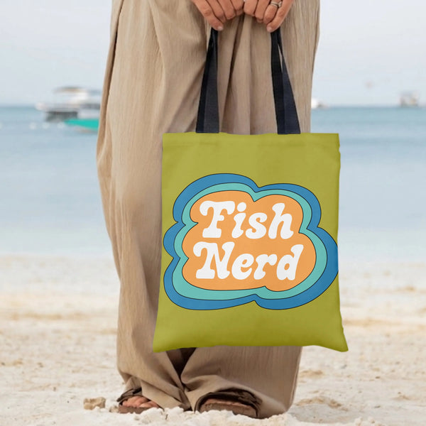 Fish Nerd Tote Bag | Retro Groovy Bubble Letter Typography Art | Premium Twill Diamond-Grid Texture | Fun Gift for Aquarium F