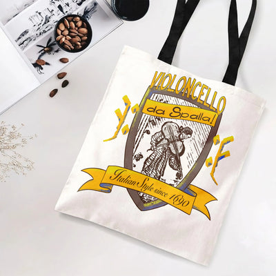 Violoncello Da Spalla Tote Bag | Vintage Italian Cello Player Shield Crest Art | Premium Twill Diamond-Grid Texture | Gift for Classical Music Lover