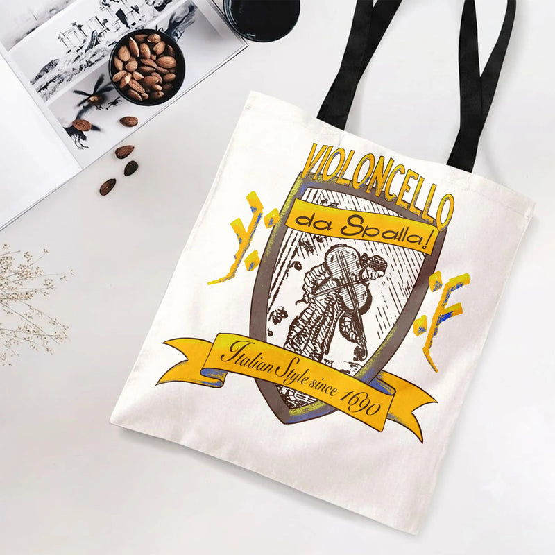 Violoncello Da Spalla Tote Bag | Vintage Italian Cello Player Shield Crest Art | Premium Twill Diamond-Grid Texture | Gift for Classical Music Lover